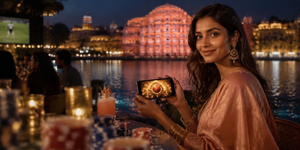 Cricket fan checking live scores on mobile at Jaipur